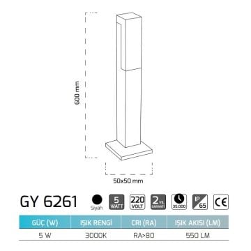 GOYA GY 6263 5 Watt 60 cm LED Bollard Armatür - Gün Işığı (3000K)