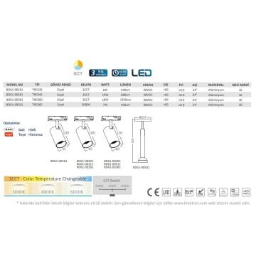 Braytron BD61-00281 10 Watt LED Magnet Ray Spot - 3 Işık Renkli (Beyaz + Ilık Beyaz + Gün Işığı)(Kopya)