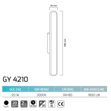GOYA GY 4210 20 Watt Siyah Gövde Dekoratif LED Aplik - Gün Işığı (3000K)