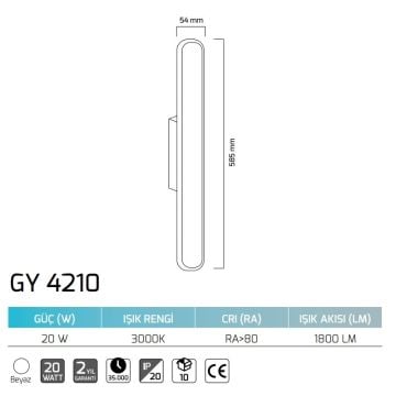 GOYA GY 4210 20 Watt Beyaz Gövde Dekoratif LED Aplik - Gün Işığı (3000K)