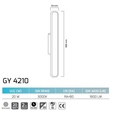 GOYA GY 4210 20 Watt Antrasit Gövde Dekoratif LED Aplik - Gün Işığı (3000K)