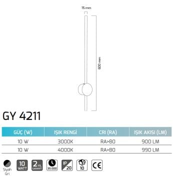 GOYA GY 4211 10 Watt Siyah-Gold Gövde LED Çubuk Aplik - Gün Işığı (3000K)