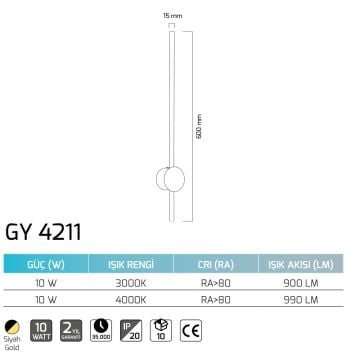 GOYA GY 4211 10 Watt Siyah-Antrasit Gövde LED Çubuk Aplik - Gün Işığı (3000K)
