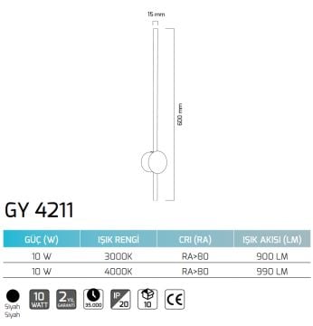 GOYA GY 4211 10 Watt Siyah Gövde LED Çubuk Aplik - Gün Işığı (3000K)