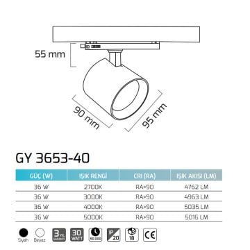 GOYA GY 3653-40 Siyah/Beyaz Kasa 40 Watt LED Ray Spot