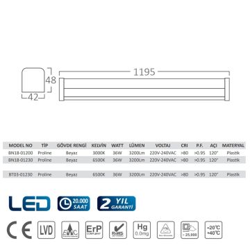 Braytron BT03-01230 36 Watt 120 cm Nemliyer LED Etanj - IP65 - Beyaz Işık (6500K)