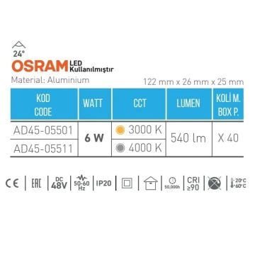 ACK AD45-05511 2x3 Watt Üçlü OSRAM LED Magnet Spot - Ilık Beyaz (4000K)