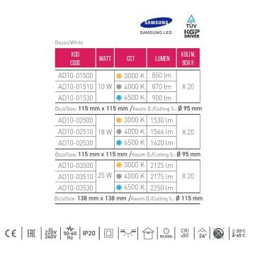 ACK AD10-03500 25 Watt Siyah-Beyaz Sıva Altı Kare SAMSUNG LED Spot - Gün Işığı (3000K)