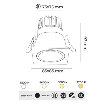 MOLLED MOL4081 Beyaz-Siyah 8 Watt Siyah Kasa Sıva Altı Kare LED Spot (SAMSUNG/OSRAM/PHILIPS LED & EAGLERISE/PHILIPS/LIFUD Driver)