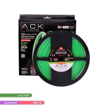 ACK AS03-00605 12 Volt 10 Watt/Metre Dimlenebilir Neon Hortum Led - Yeşil Işık [5 Metre]