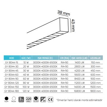 GOYA GY 8044-180 Siyah/Beyaz Kasa 120 Watt 180 cm Sıva Üstü Lensli Lineer Armatür