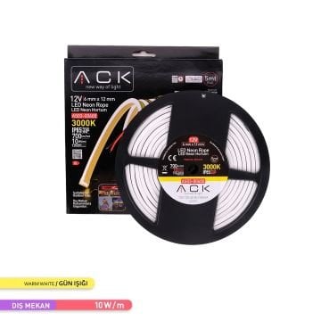 ACK AS03-00600 12 Volt 10 Watt/Metre Dimlenebilir Neon Hortum Led - Gün Işığı (3000K) [5 Metre]
