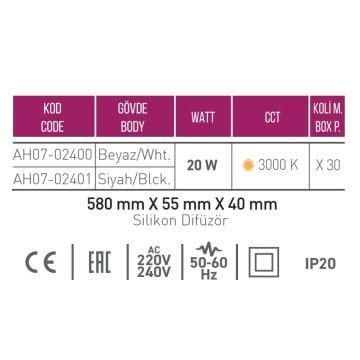 ACK AH07-02400 20 Watt 58 cm Beyaz Gövde LED Aplik - Metal - Gün Işığı (3000K)
